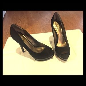 4" Black Suede Peep Toe Pumps